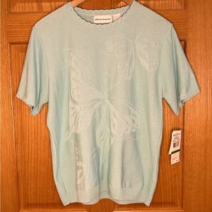 NWT Alfred Dunner Sz L Aqua Walking On Sunshine Short Sleeve Butterfly Sweater